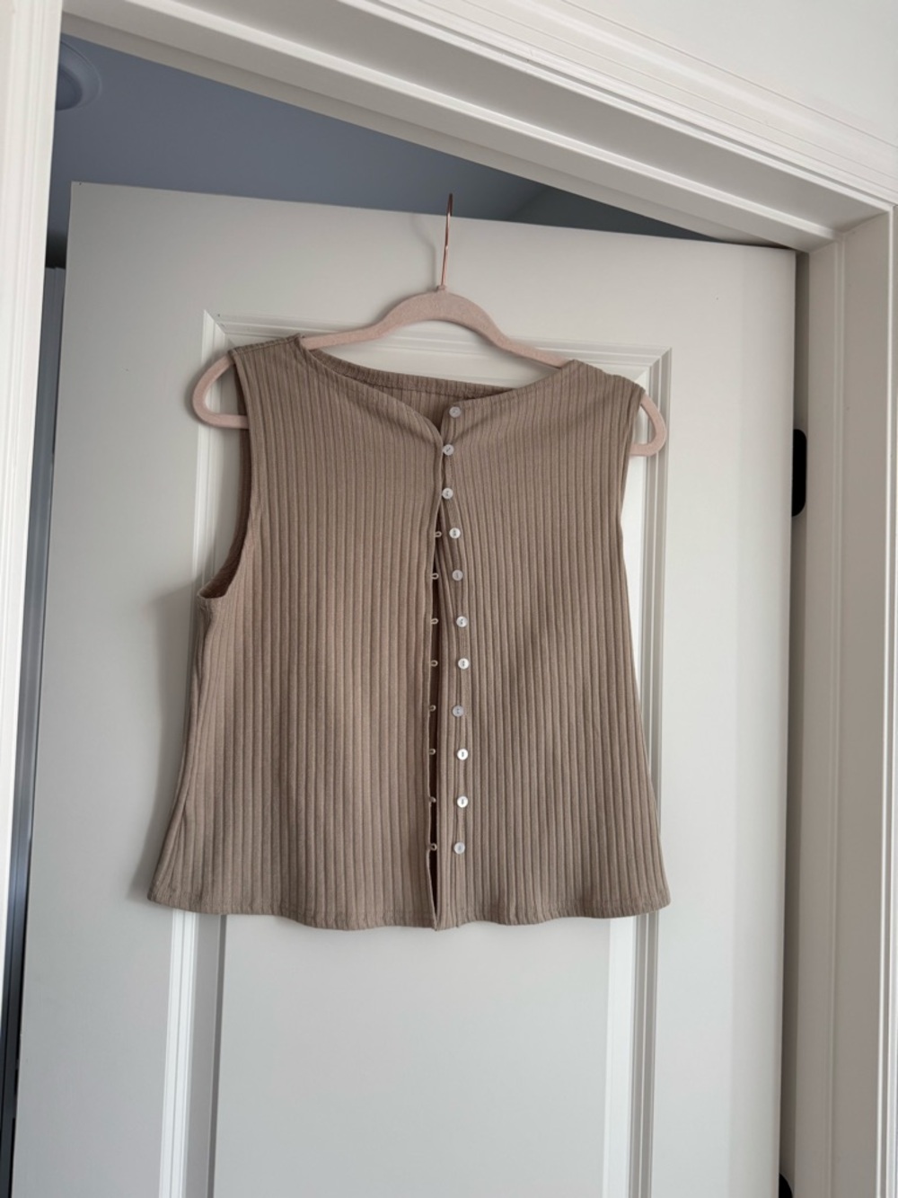 Ribbed Button-Front Sleeveless Top - Taupe